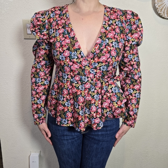 Asos Blouse Size 4 pink  Floral Long Balloon Sleeve V-neck - Picture 10 of 10